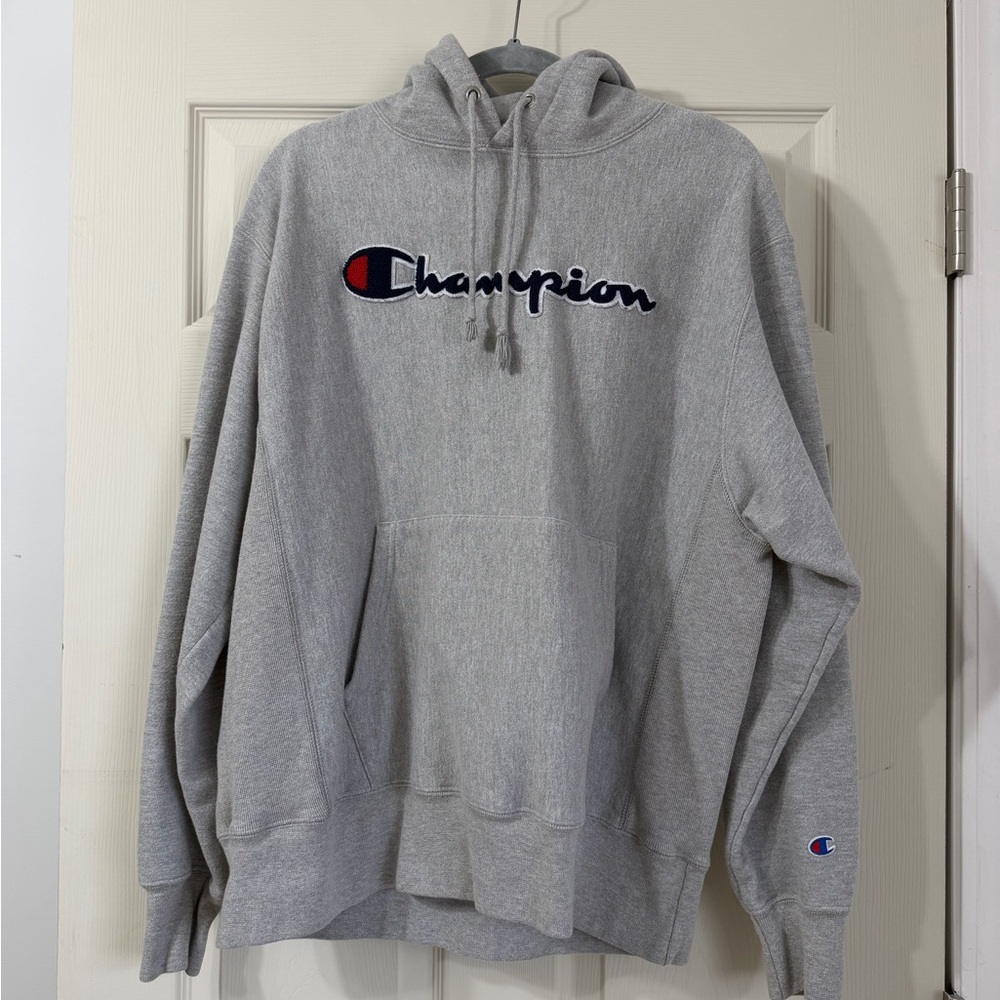 Champion Gray Pullover Hoodie with Navy Script Logo